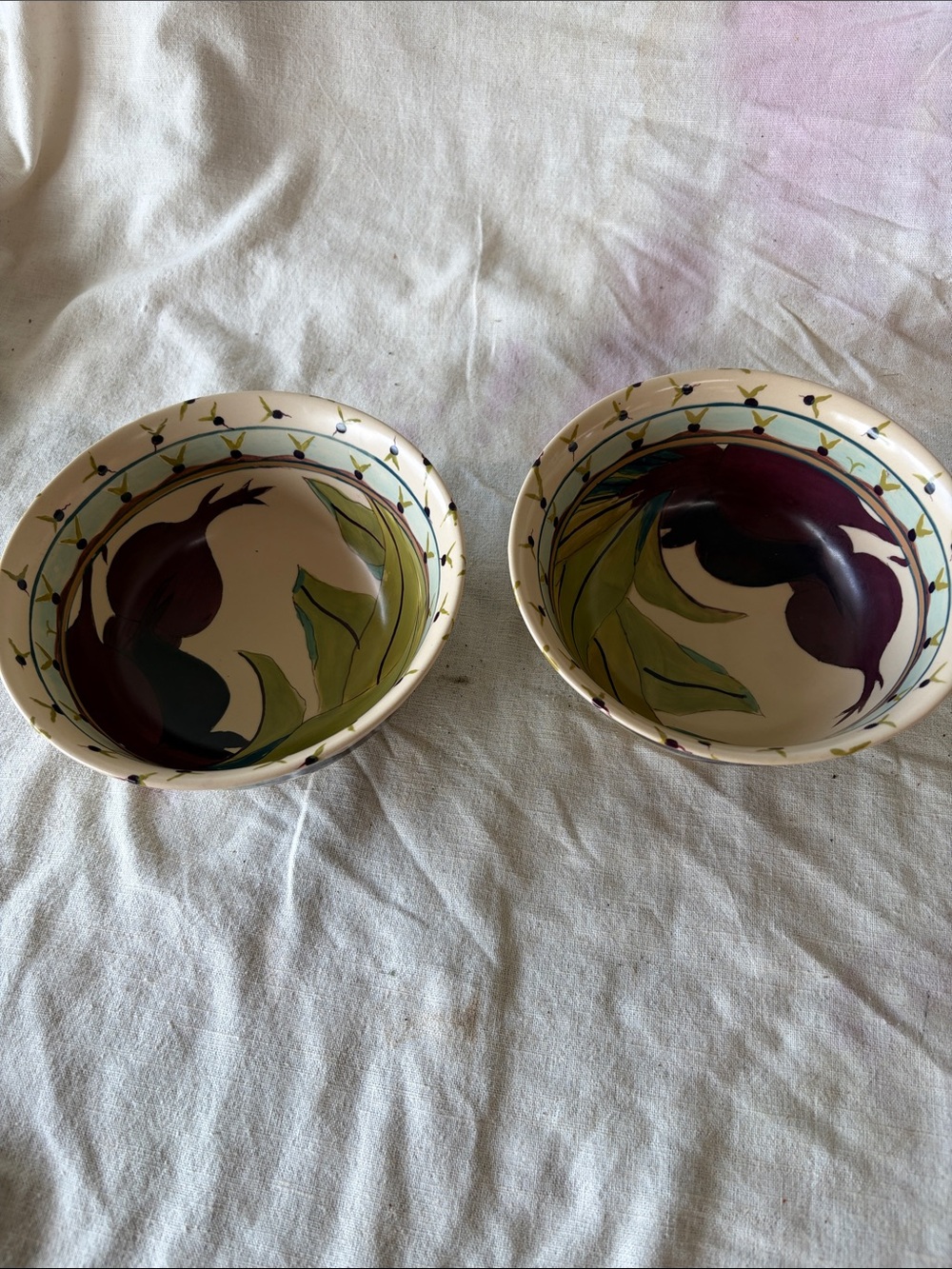 Hand-Painted Pomegranate Ceramic Bowls - Set of 2, Cream & Deep Berry
